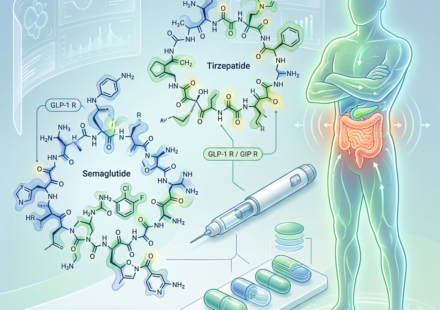 GLP-1 weight loss medications illustration showing molecular structures and health transformation
